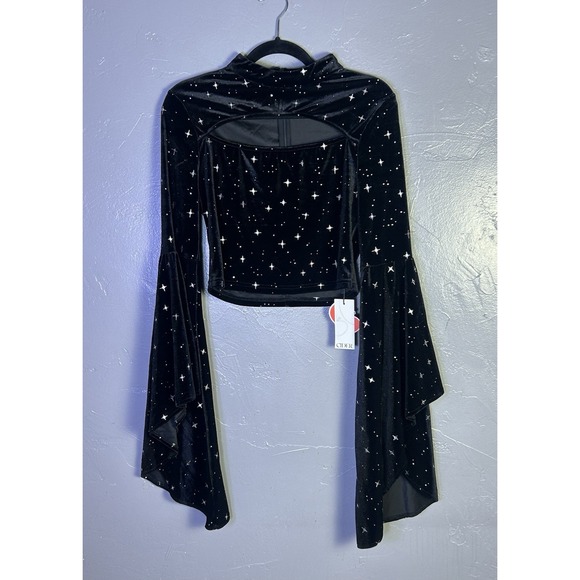 Cider Tops - Cider Black Velvet Star Bell Sleeve Crop Top Celestial Whimsy Goth Women's L